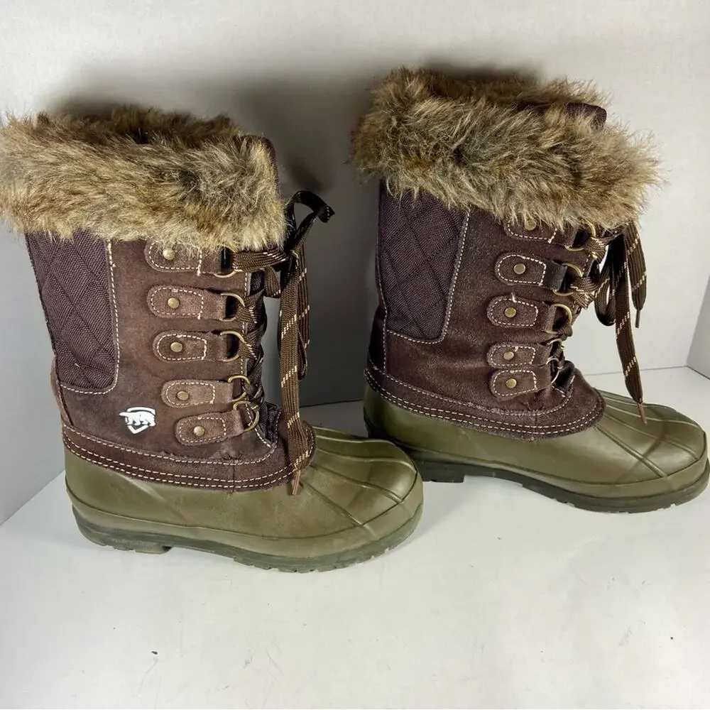 Bearpaw women Snow Boots‎ 6 Faux Fur Trim Duck Boots Lace Up Brown Olive 6M